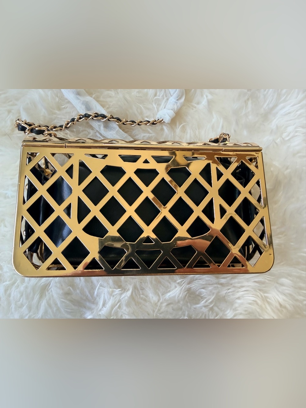 NEW Source Unknown Gold Cage Bag w Leather Branded Insert Box sealed w cellophan - Picture 5 of 16